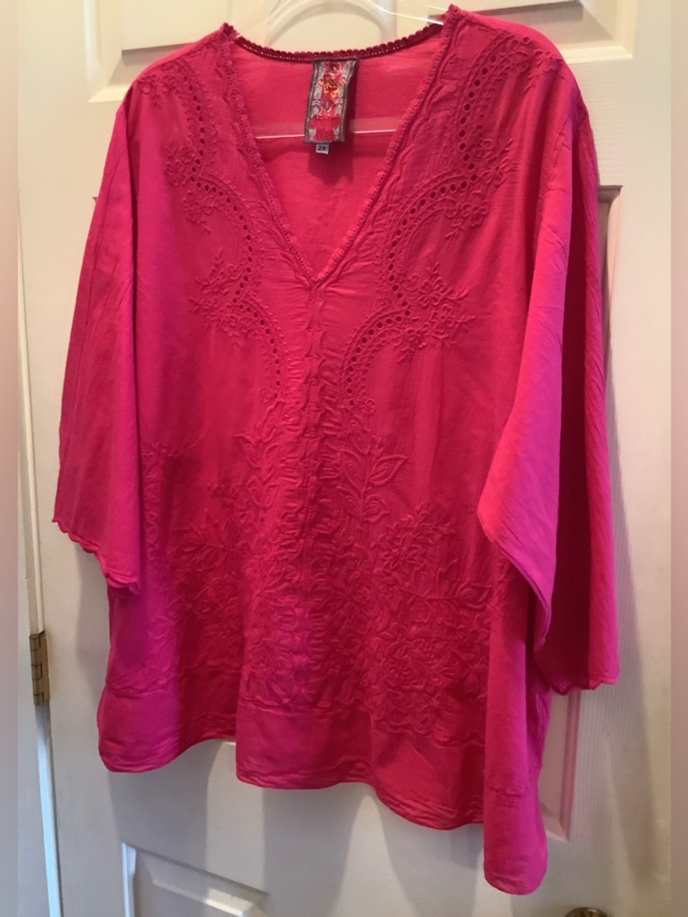 Johnny Was Hot Pink Blouse With 3/4 Length Sleeves, Size 2X, Vintage.